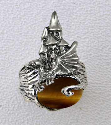 Sterling Silver Dragon And Her Castle Ring With Tiger Eye Size 5